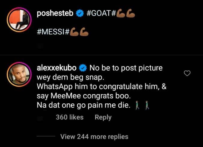 Fans drag Alex Ekubo for throwing shades at Ebube Nwagbo over her picture and post about Lionel Messi