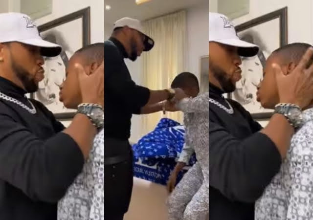 Fans react as Actor Charles Okocha pesters son with his American accent