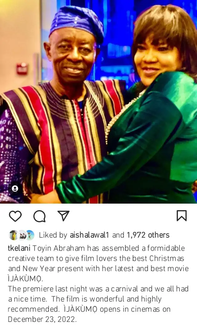 Toyin Abraham gets emotional as Veteran filmmaker Tunde Kelani drops review on her latest movie, 