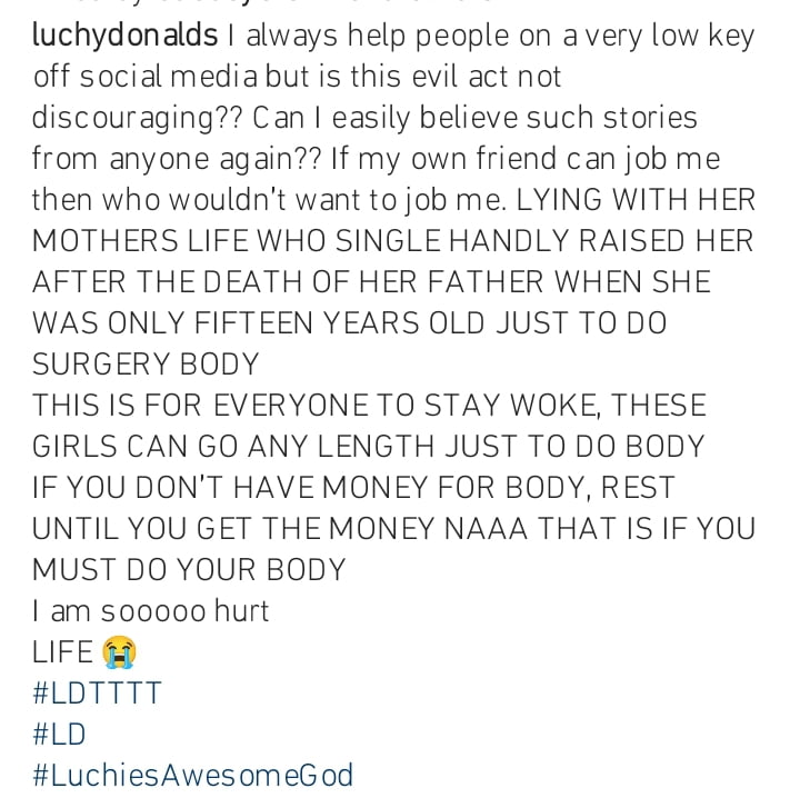 Actress Luchy Donalds calls out a friend who scammed her of N1.5m