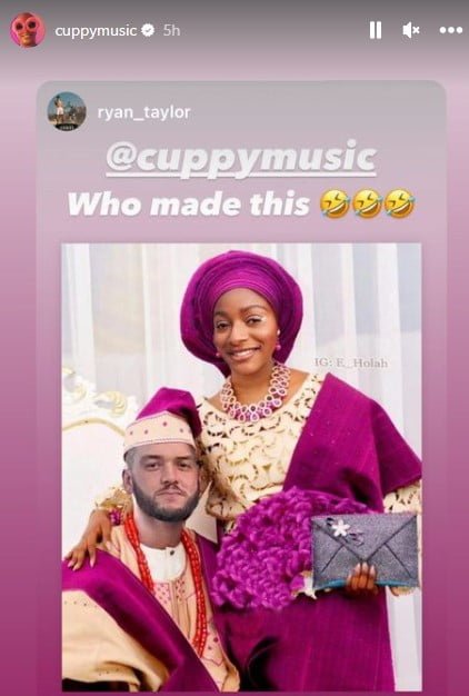 DJ Cuppy and her fiance, Ryan Taylor react to a photoshopped picture of them in traditional wedding attires