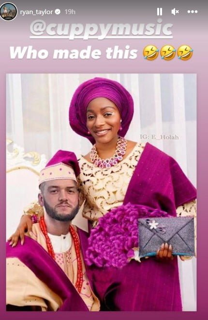 DJ Cuppy and her fiance, Ryan Taylor react to a photoshopped picture of them in traditional wedding attires