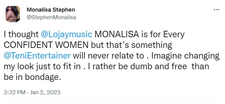 Monalisa Stephen replies Singer Teni's 