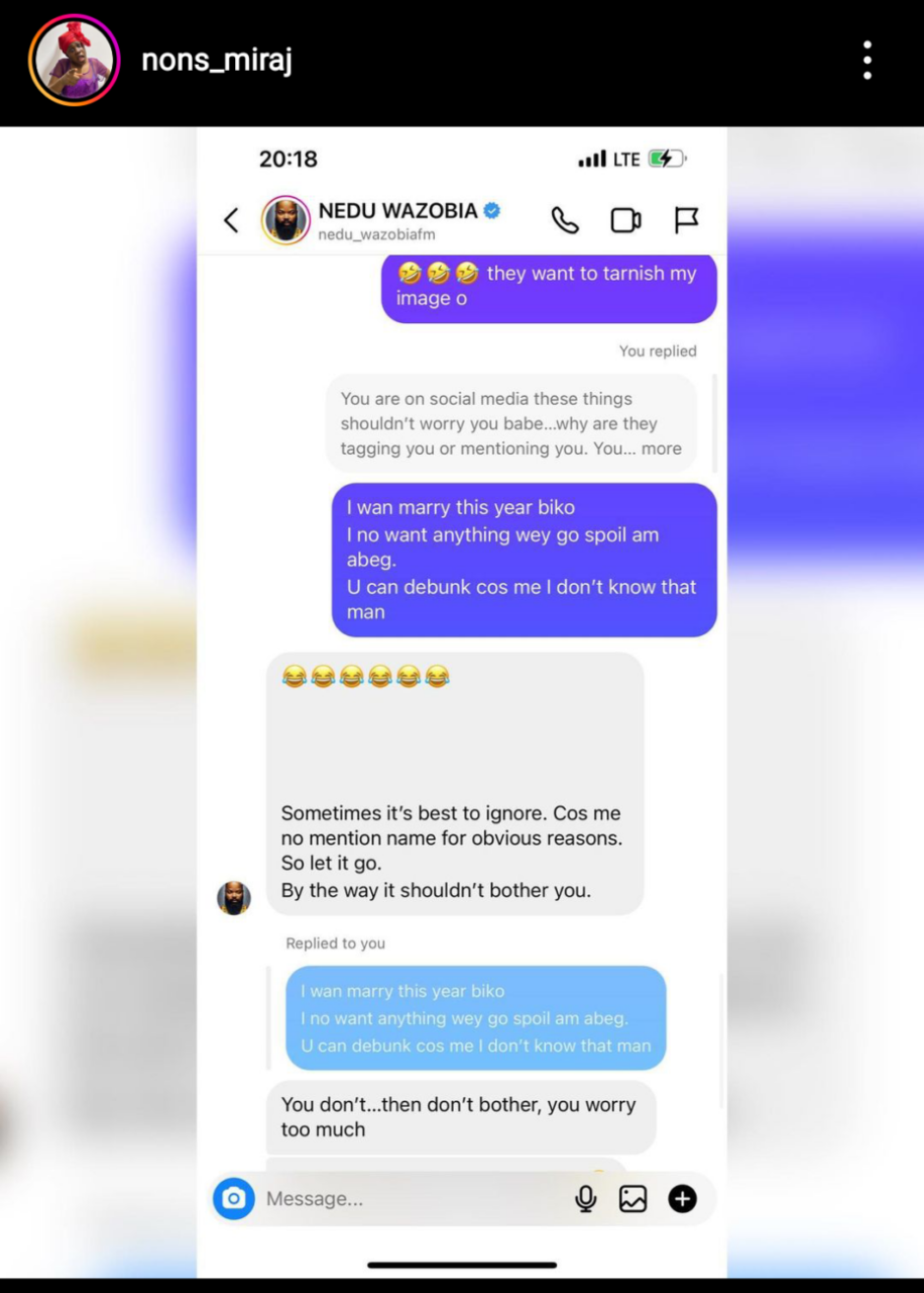 Nons Miraj shares her private chats with OAP Nedu as she debunks rumours of being romantically involved with Dino Melaye