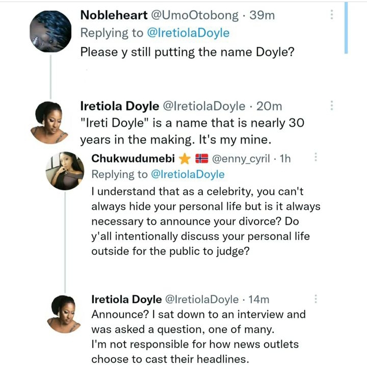 Recently divorced Actress, Ireti Doyle reveals why she will continue using her husband's surname
