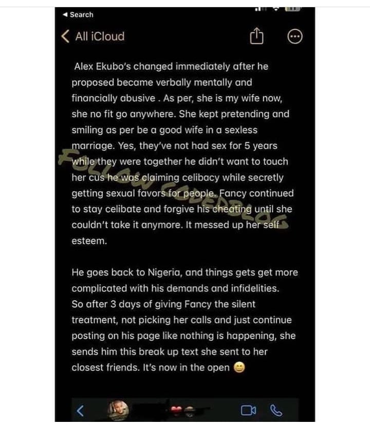See the leaked private chats between Fancy Acholonu and Alexx Ekubo before their break up