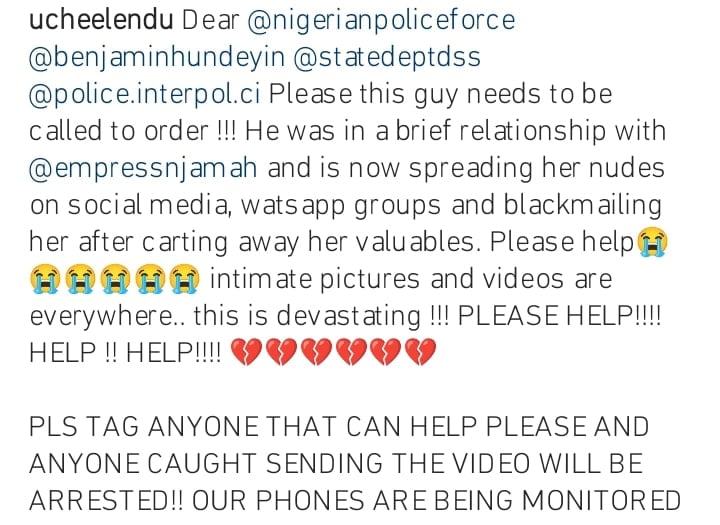 Uche Elendu cries out for help for Empress Njamah whose nude video was released by ex-fiance