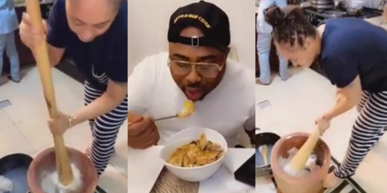 VIDEO: Rosy Meurer makes outrageous declaration as she pounds yam for her husband, Olakunle Churchill