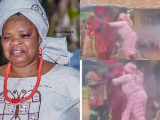 Veteran actress Peju Ogunmola reacts angrily to the use of a gun during a movie set