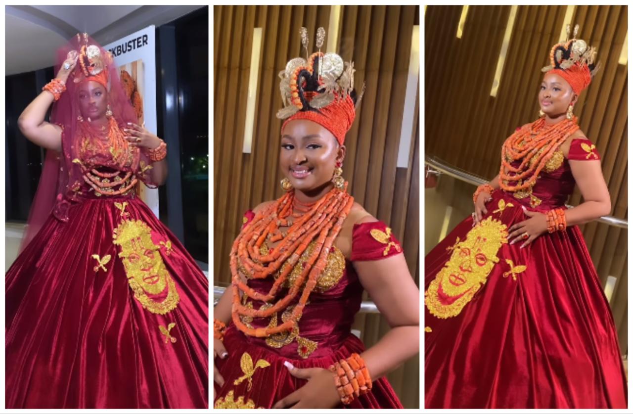 Actress Etinosa Idemudia stirs reactions with her stunning outfit at the premiere of the movie “Bride Price”