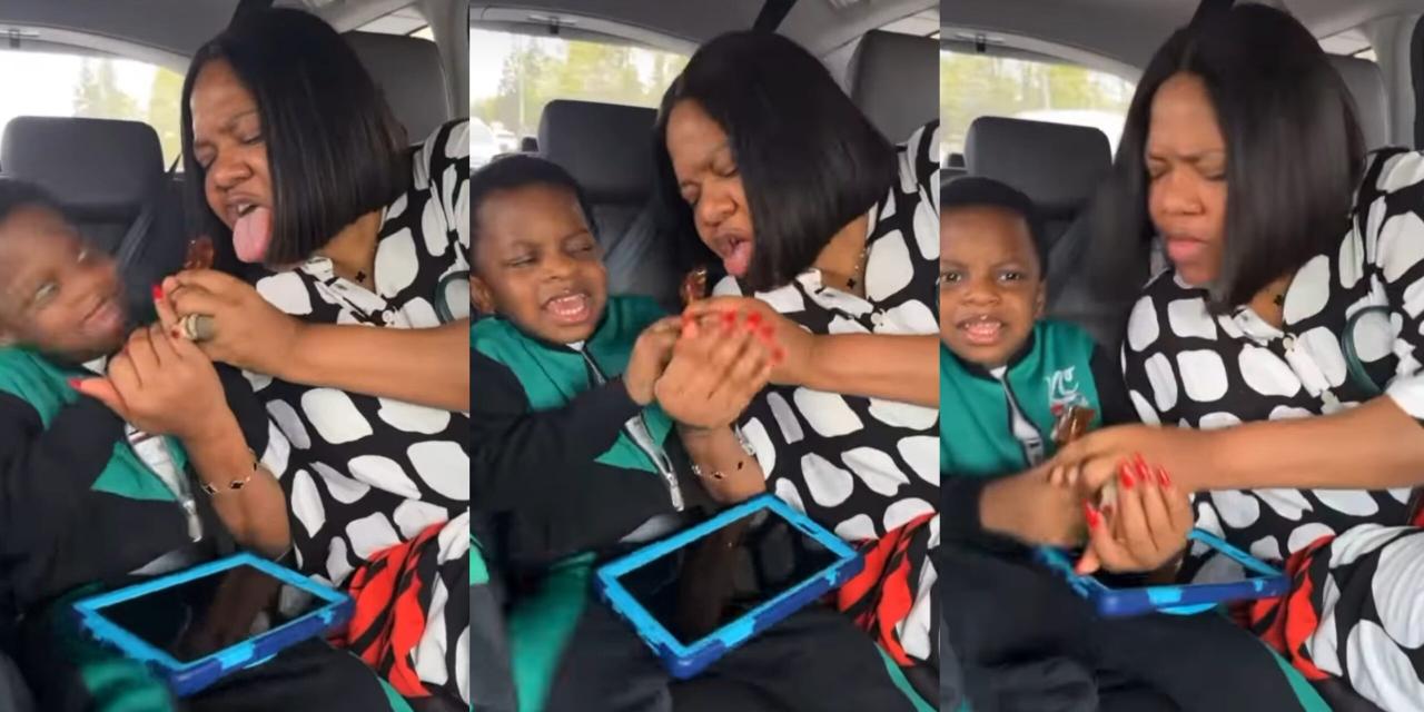 “You have finished the sweet” – Nollywood colleagues react to video of Actress Toyin Abraham and her son fighting over sweet