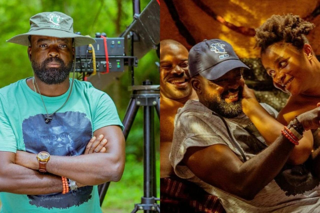 “Our heart is filled with joy because…” – Actor Kunle Afolayan shares throwback picture of himself, Gabriel Afolayan and Bimbo Ademoye on a movie set
