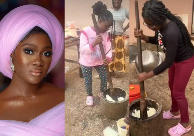“She is a real woman” – Fans hail Mercy Johnson for teaching her daughters how to pound yam (Watch Video)