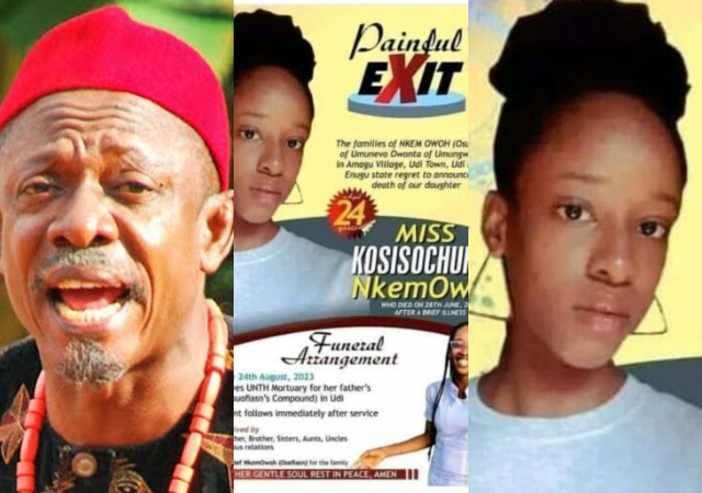 Veteran Actor Nkem Owoh and his family release plans to bury his late 24-year-old daughter, Kasisochukwu