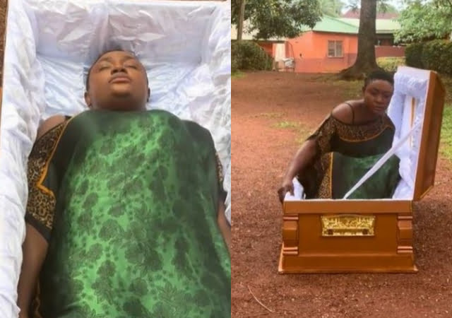 “God forbid, you get mind o” – Netizens react to Actress Lizzy Gold lying in a coffin in her upcoming movie