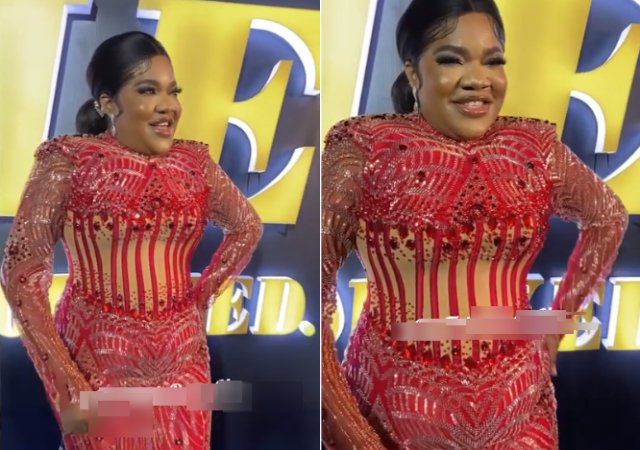“Where is her neck ??” – Netizens react to Toyin Abraham’s controversial outfit at a recent event